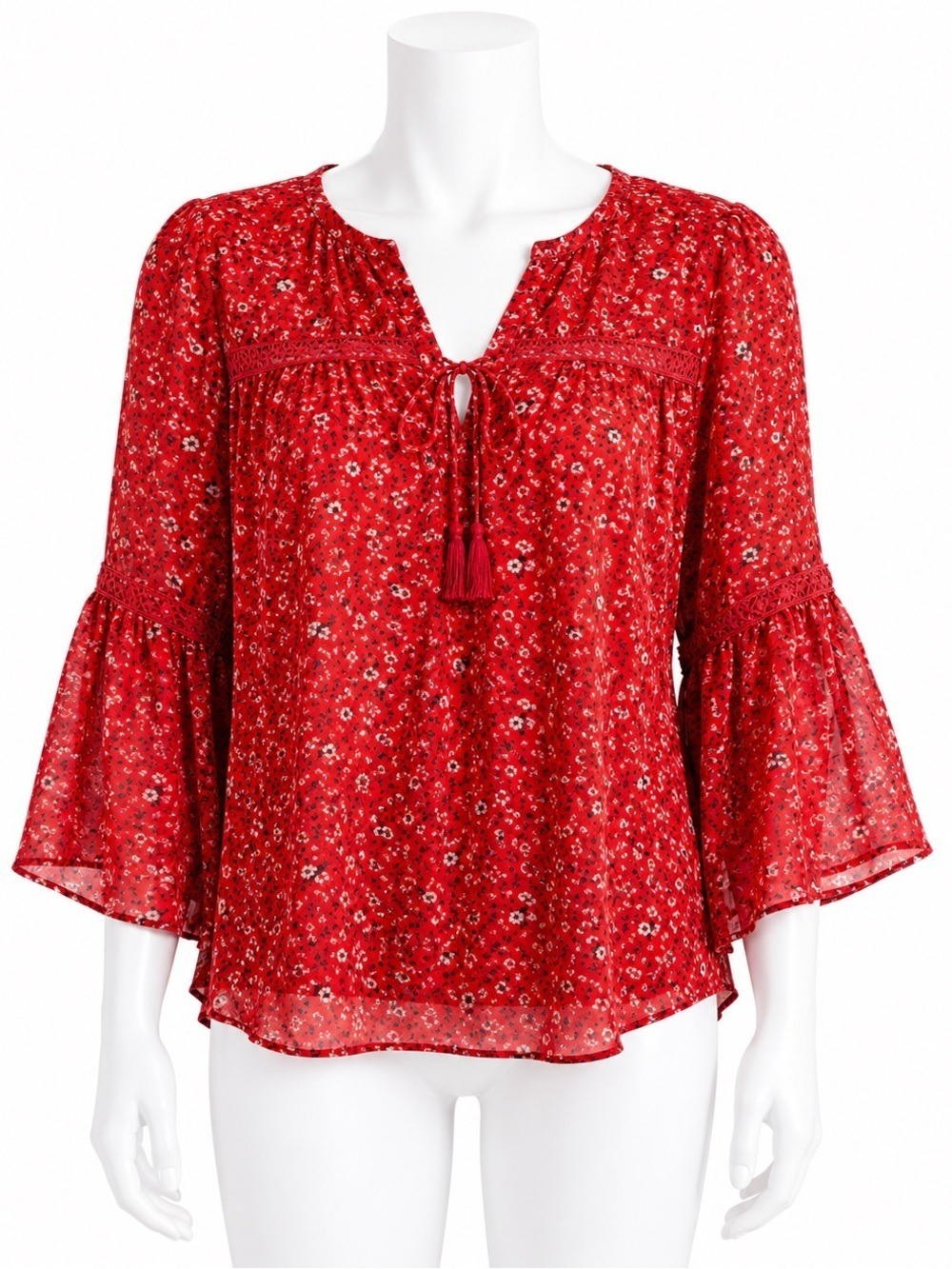 Lucky Brand Red Floral Peasant Blouse Bell Sleeves Lace Inset Chiffon Top Med M